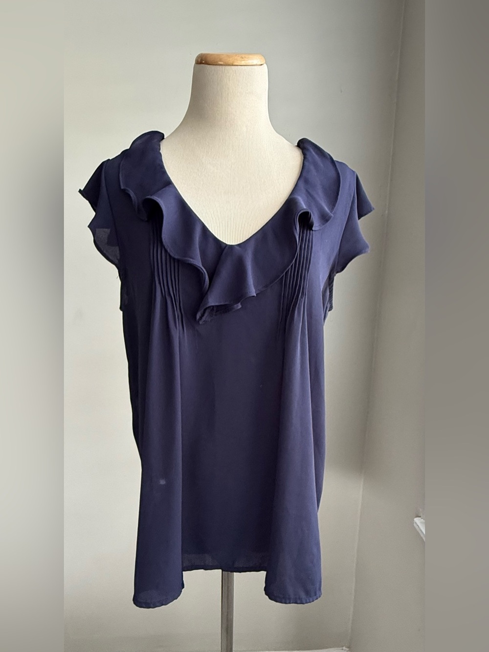Ruffled V-Neck Navy Blouse